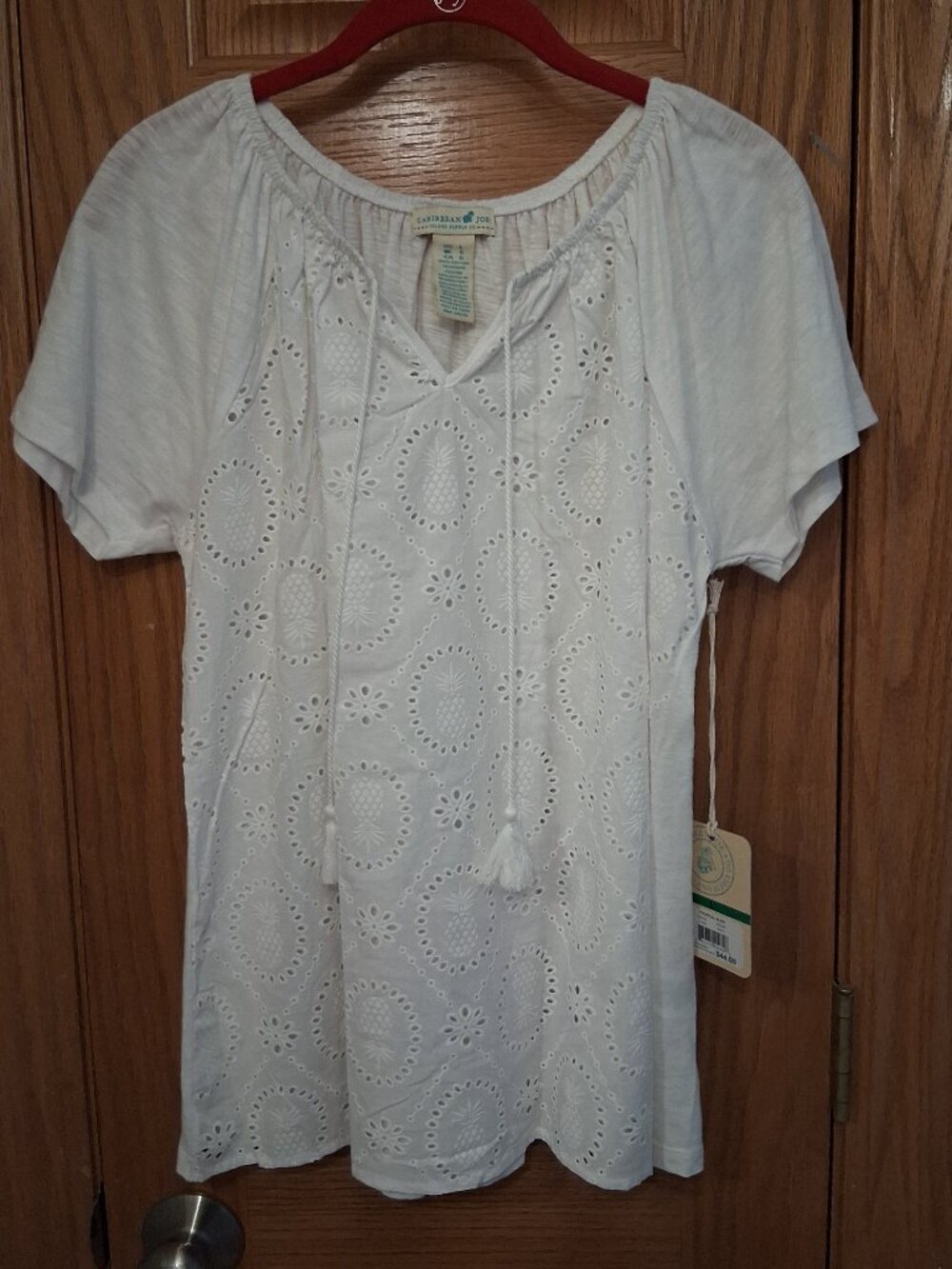 Caribbean Joe Sz L White Eyelet Short Sleeve Shirt NWT